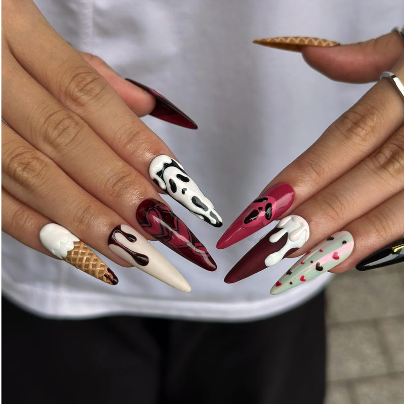 Gothic Press On Nails with Chocolate Drip , Burgundy Heart Nail Art , Handmade 3D Nails for Dark Romantic Style | OB512WA
