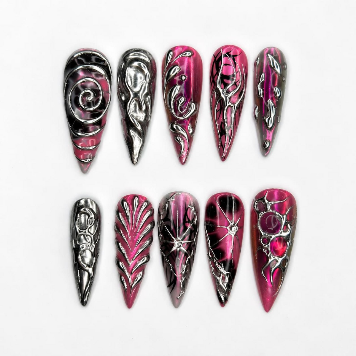 Gothic Press On Nails with Pink Chrome , 3D Spider Web Nails , Dark Glam Stiletto Nails for Hallowee | OB548WI