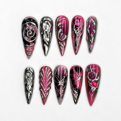 Gothic Press On Nails with Pink Chrome , 3D Spider Web Nails , Dark Glam Stiletto Nails for Hallowee | OB548WI