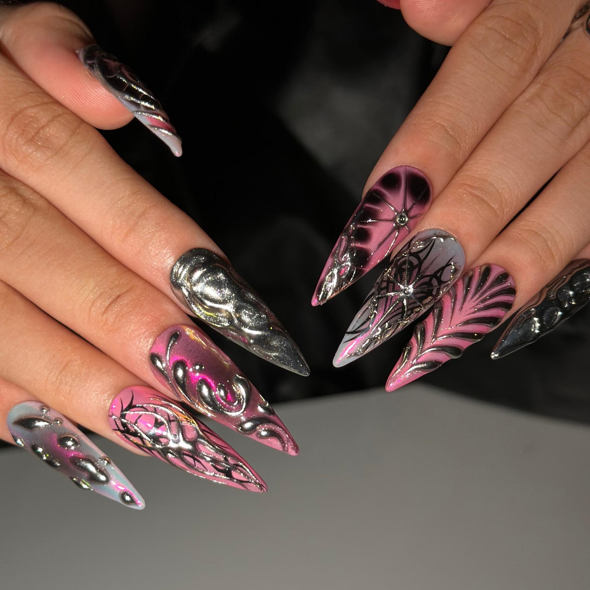 Gothic Press On Nails with Pink Chrome , 3D Spider Web Nails , Dark Glam Stiletto Nails for Hallowee | OB548WI