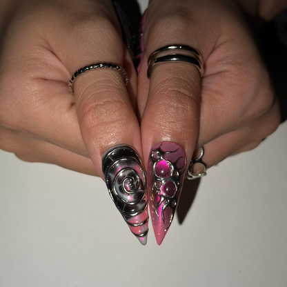 Gothic Press On Nails with Pink Chrome , 3D Spider Web Nails , Dark Glam Stiletto Nails for Hallowee | OB548WI