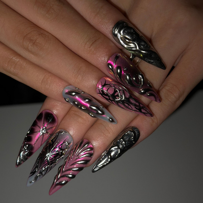 Gothic Press On Nails with Pink Chrome , 3D Spider Web Nails , Dark Glam Stiletto Nails for Hallowee | OB548WI