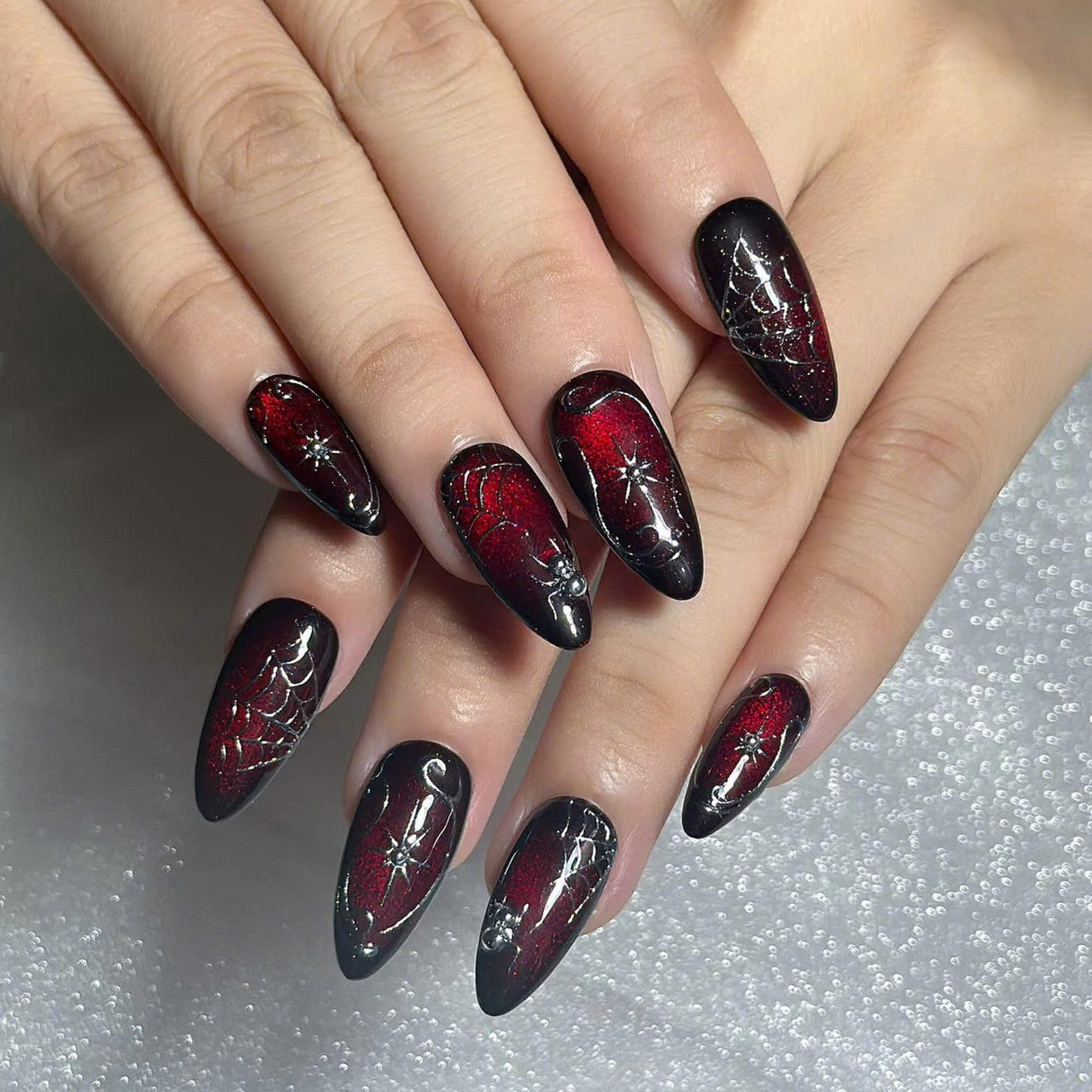 Gothic Press On Nails with Red Spider Web Design | Black Chrome Fake Nails in Stiletto Shape | Nail Art for Halloween, Party | OB1390UC
