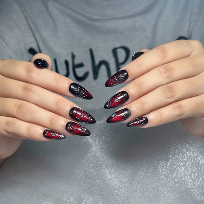 Gothic Press On Nails with Red Spider Web Design | Black Chrome Fake Nails in Stiletto Shape | Nail Art for Halloween, Party | OB1390UC