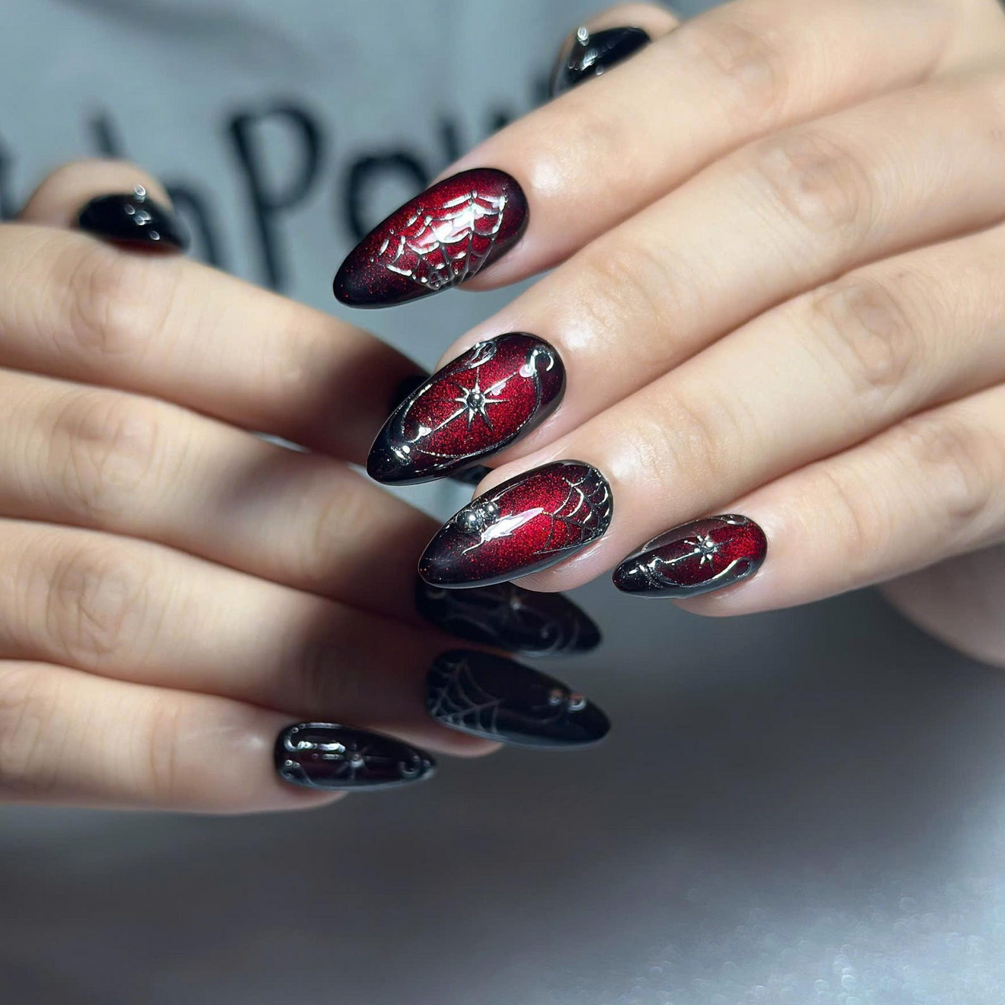 Gothic Press On Nails with Red Spider Web Design | Black Chrome Fake Nails in Stiletto Shape | Nail Art for Halloween, Party | OB1390UC