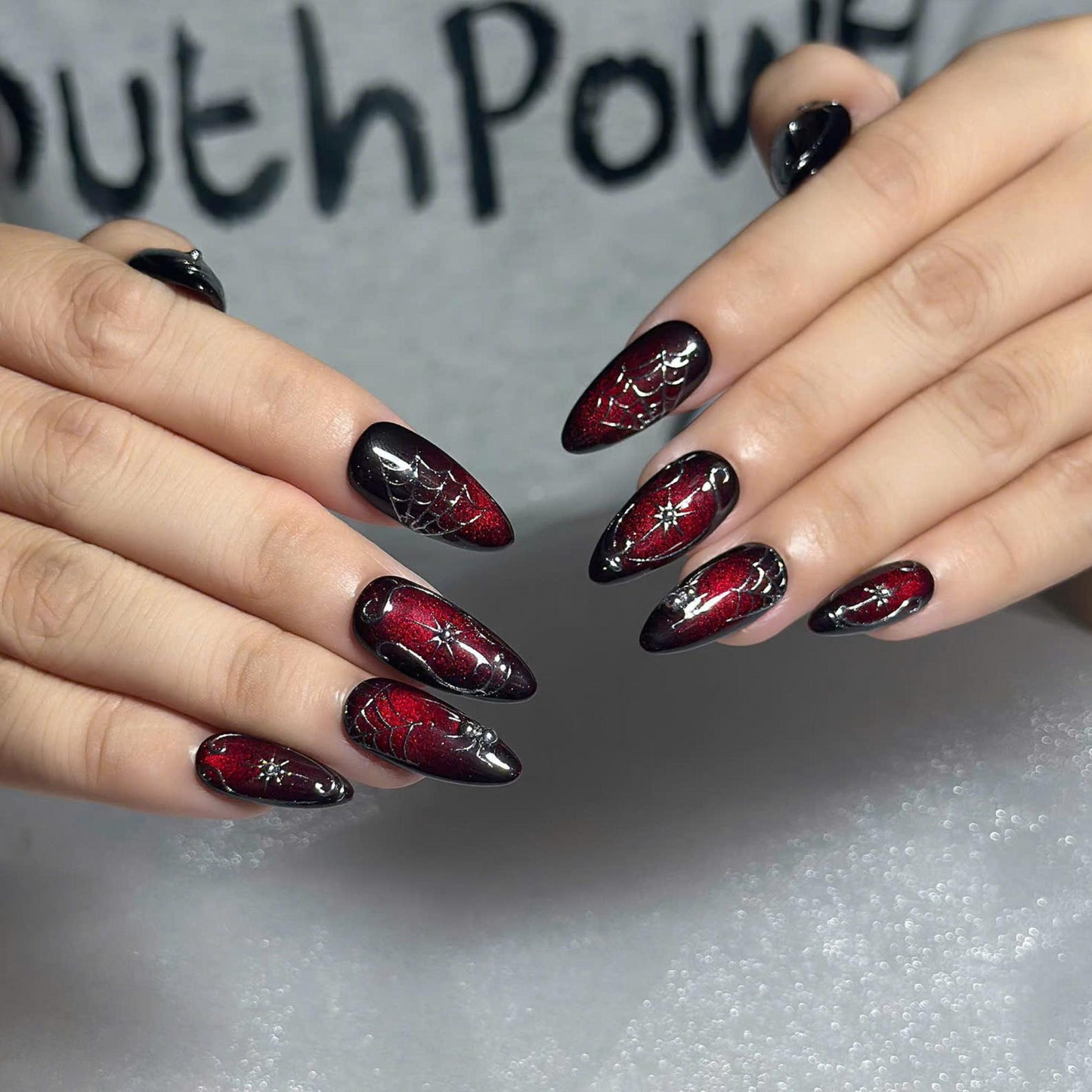 Gothic Press On Nails with Red Spider Web Design | Black Chrome Fake Nails in Stiletto Shape | Nail Art for Halloween, Party | OB1390UC