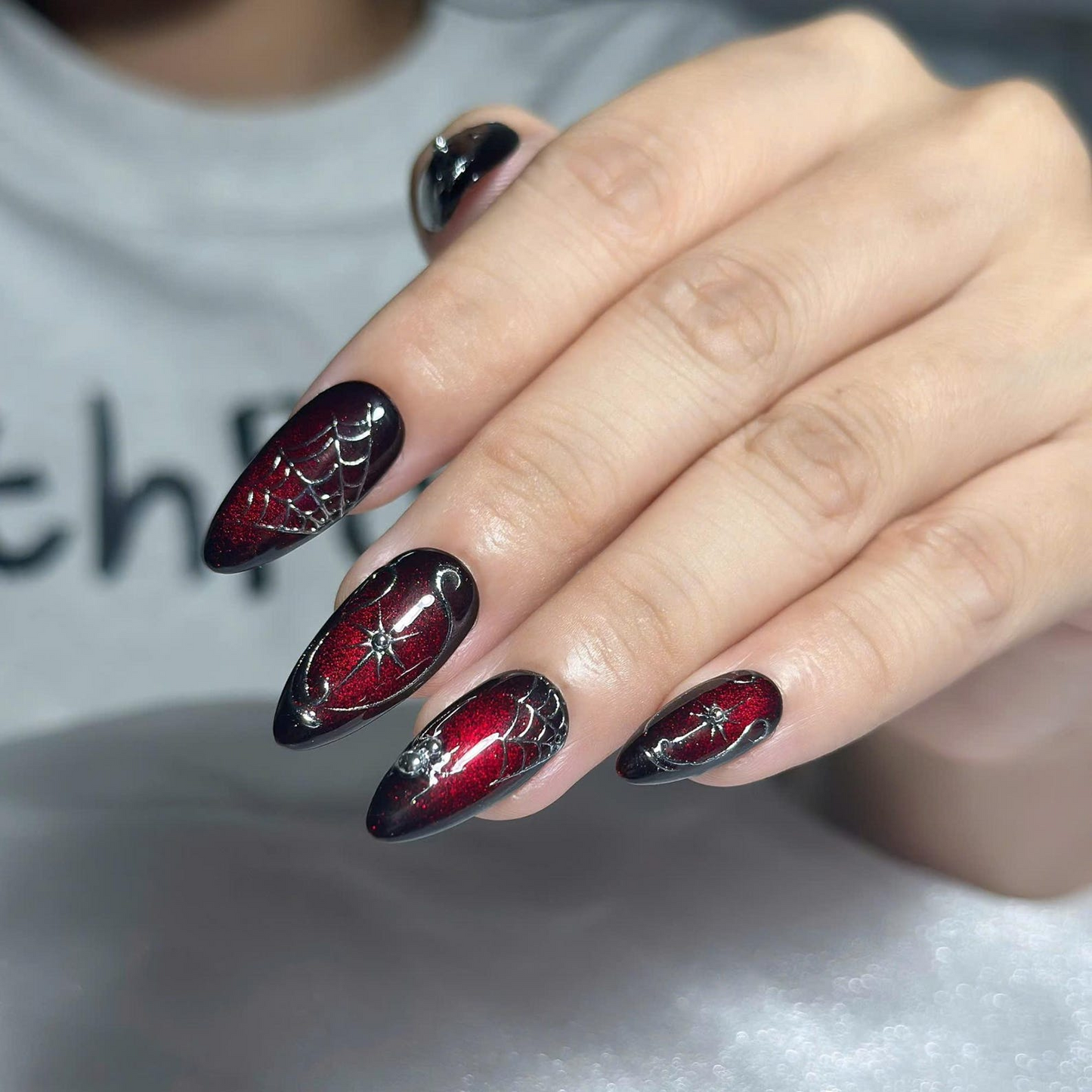 Gothic Press On Nails with Red Spider Web Design | Black Chrome Fake Nails in Stiletto Shape | Nail Art for Halloween, Party | OB1390UC