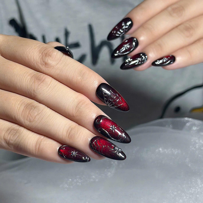 Gothic Press On Nails with Red Spider Web Design | Black Chrome Fake Nails in Stiletto Shape | Nail Art for Halloween, Party | OB1390UC