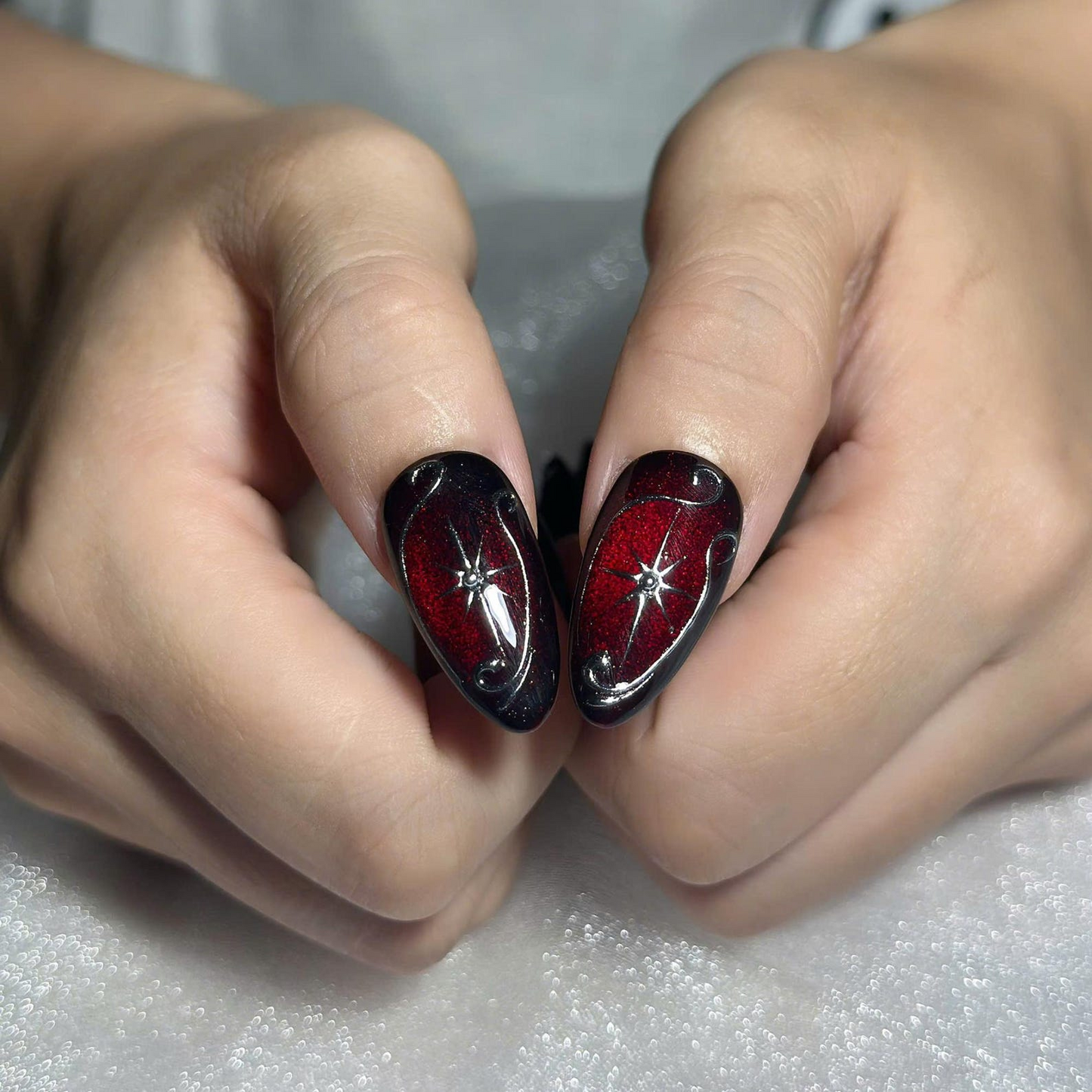 Gothic Press On Nails with Red Spider Web Design | Black Chrome Fake Nails in Stiletto Shape | Nail Art for Halloween, Party | OB1390UC