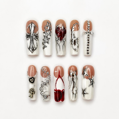 Gothic Press On Nails with Silver Chrome Cross , Red Heart 3D Nail Art , Handmade Long Square Nails for Y2K Grunge Style | OB504WI