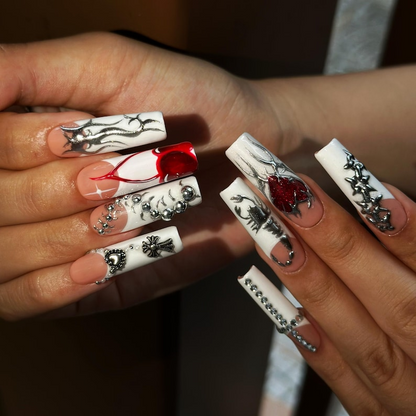Gothic Press On Nails with Silver Chrome Cross , Red Heart 3D Nail Art , Handmade Long Square Nails for Y2K Grunge Style | OB504WI