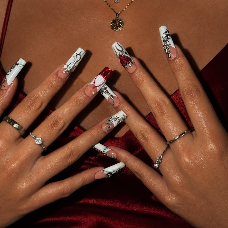 Gothic Press On Nails with Silver Chrome Cross , Red Heart 3D Nail Art , Handmade Long Square Nails for Y2K Grunge Style | OB504WI