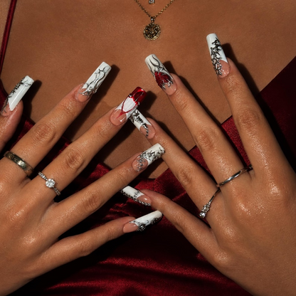 Gothic Press On Nails with Silver Chrome Cross , Red Heart 3D Nail Art , Handmade Long Square Nails for Y2K Grunge Style | OB504WI