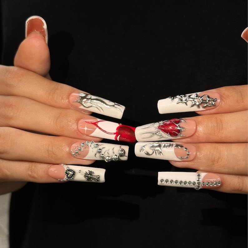 Gothic Press On Nails with Silver Chrome Cross , Red Heart 3D Nail Art , Handmade Long Square Nails for Y2K Grunge Style | OB504WI