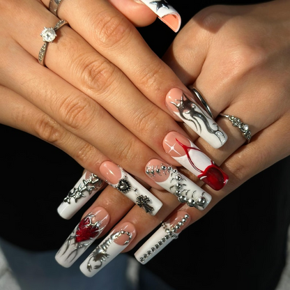 Gothic Press On Nails with Silver Chrome Cross , Red Heart 3D Nail Art , Handmade Long Square Nails for Y2K Grunge Style | OB504WI