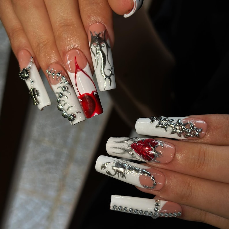 Gothic Press On Nails with Silver Chrome Cross , Red Heart 3D Nail Art , Handmade Long Square Nails for Y2K Grunge Style | OB504WI