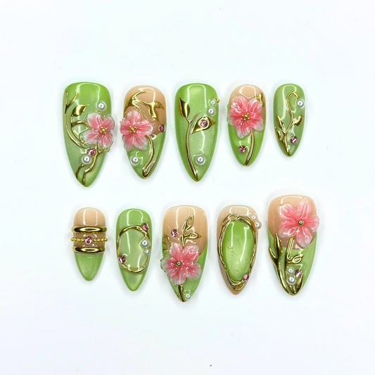 Green Floral Fairycore Press On Nails | 3D Pink Flowers & Gold Vine Swirls | Pearl Rhinestone Garden Nail Art | Long Almond Nails | OB718UI