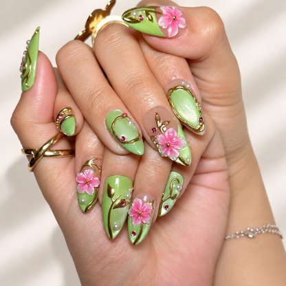 Green Floral Fairycore Press On Nails | 3D Pink Flowers & Gold Vine Swirls | Pearl Rhinestone Garden Nail Art | Long Almond Nails | OB718UI