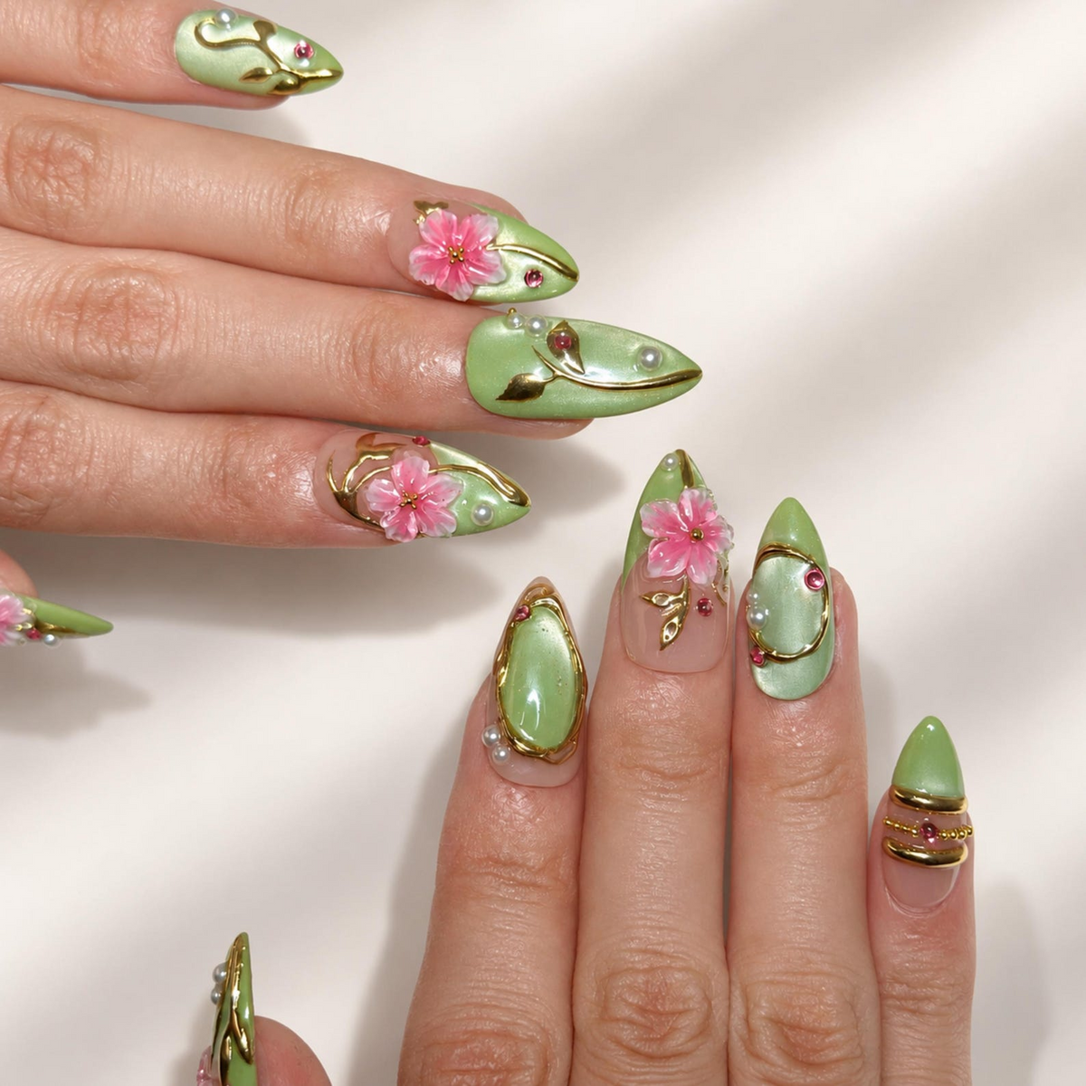 Green Floral Fairycore Press On Nails | 3D Pink Flowers & Gold Vine Swirls | Pearl Rhinestone Garden Nail Art | Long Almond Nails | OB718UI