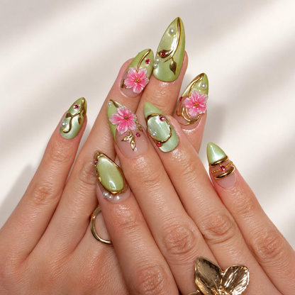 Green Floral Fairycore Press On Nails | 3D Pink Flowers & Gold Vine Swirls | Pearl Rhinestone Garden Nail Art | Long Almond Nails | OB718UI