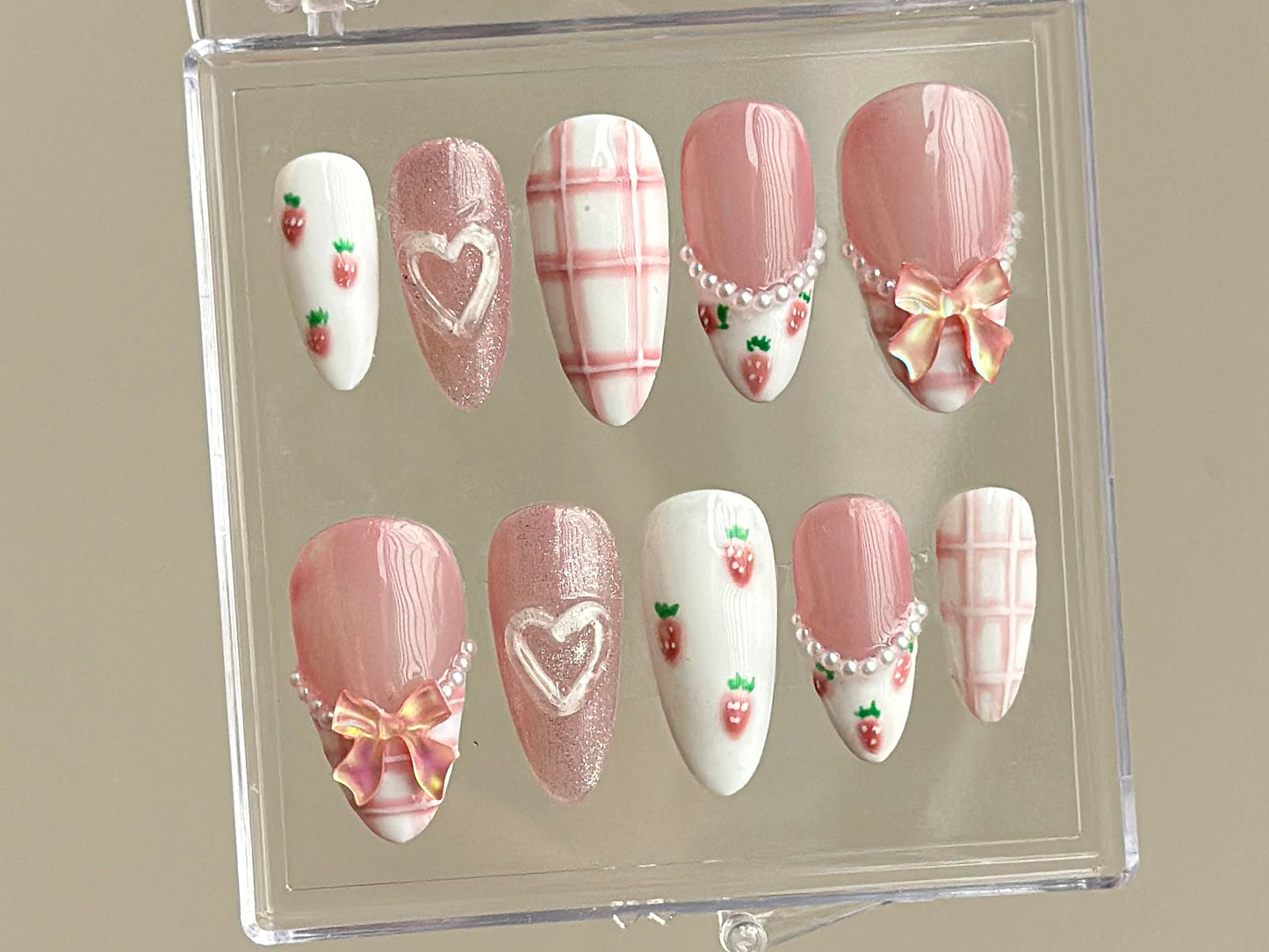 Dreamy Pink Press On Nails | Nail Set With Strawberry Design | Cute Bow and Heart Nail Art | Adorable 3D Raised Art |mother day gift| HD167T