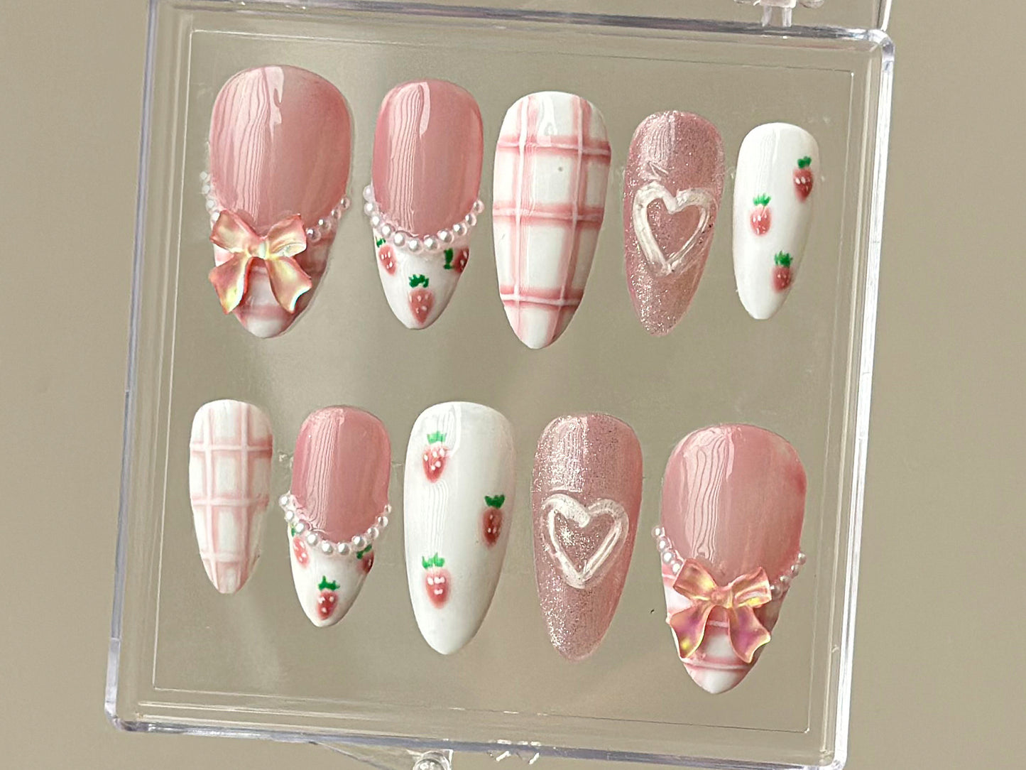 Dreamy Pink Press On Nails | Nail Set With Strawberry Design | Cute Bow and Heart Nail Art | Adorable 3D Raised Art |mother day gift| HD167T