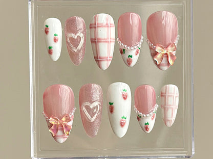 Dreamy Pink Press On Nails | Nail Set With Strawberry Design | Cute Bow and Heart Nail Art | Adorable 3D Raised Art |mother day gift| HD167T