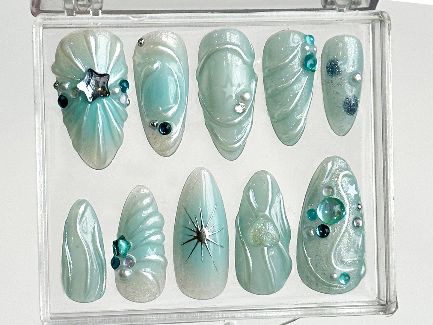 Radiant Mint Beauty Press On Nails | 3D Gel Hearts and Dazzling Star & Pearl Charms On Fake Nails | Elegance in Mint Nail Art | HD257T