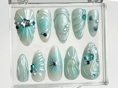 Radiant Mint Beauty Press On Nails | 3D Gel Hearts and Dazzling Star & Pearl Charms On Fake Nails | Elegance in Mint Nail Art | HD257T