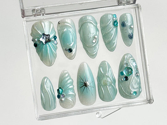 Radiant Mint Beauty Press On Nails | 3D Gel Hearts and Dazzling Star & Pearl Charms On Fake Nails | Elegance in Mint Nail Art | HD257T