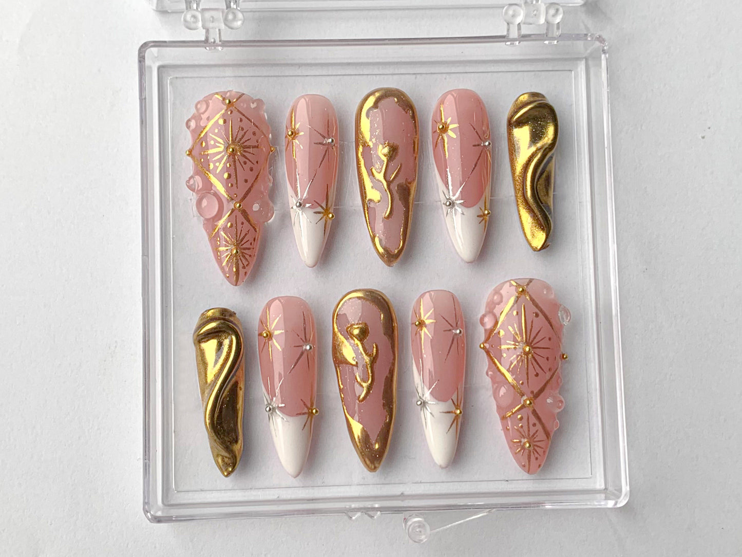 Luxury Gold Swirl Press On Nails | Elegant Gold-Infused Nail Art | Modern Pink Press On Nails with Gold Detailing On Fake Nails | HD290T