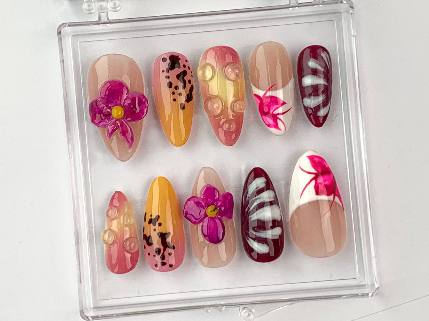 Vibrant Summer Nail Art | Unique 3D Flower Press On Nails | Reusable Fake Nails | Customizable Press On Nails Kit | Gift for her | HD379T