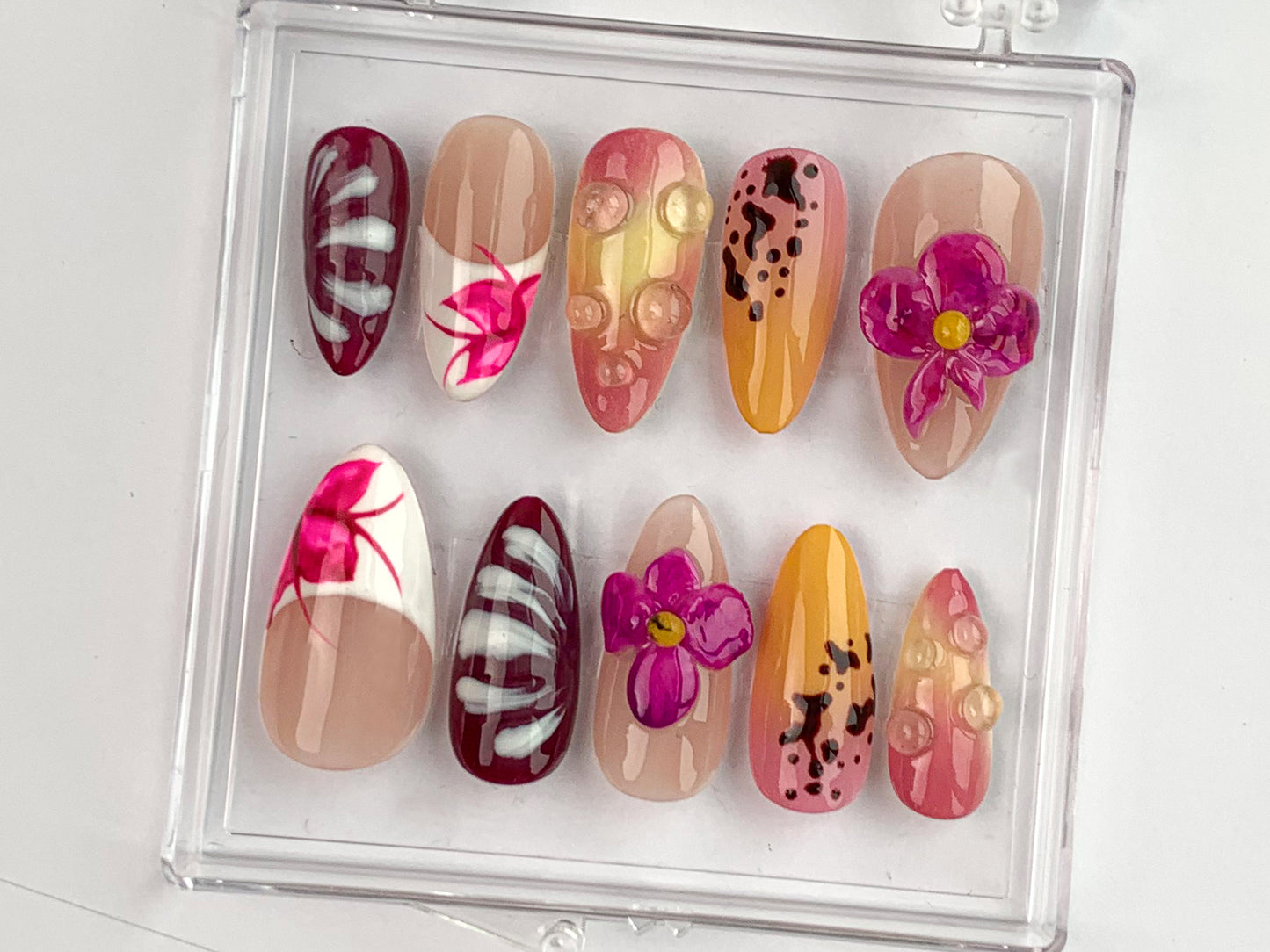 Vibrant Summer Nail Art | Unique 3D Flower Press On Nails | Reusable Fake Nails | Customizable Press On Nails Kit | Gift for her | HD379T