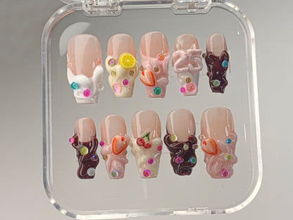 Sweet Treats Press On Nails | Colorful Candy-Inspired Nail Art | Adorable Candy and Fruit Accents On Fake Nails | Gift for her | HD412T