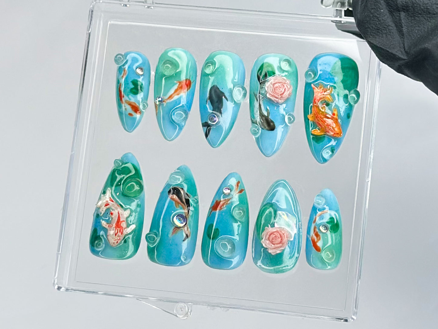 Ocean-Inspired Press On Nails | Hand Painted Koi Fish Nail Art | Flowers charms On Fake Nails | Nail Charms | Ocean Nails | HD436T