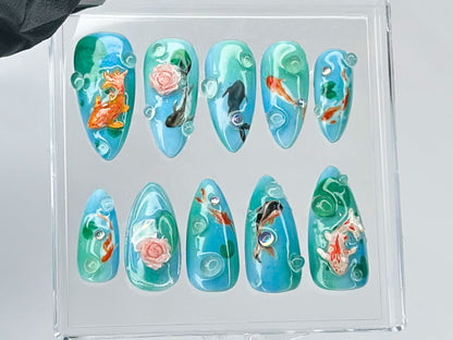 Ocean-Inspired Press On Nails | Hand Painted Koi Fish Nail Art | Flowers charms On Fake Nails | Nail Charms | Ocean Nails | HD436T