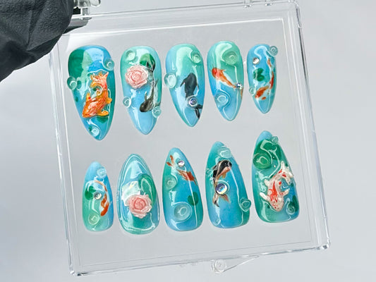 Ocean-Inspired Press On Nails | Hand Painted Koi Fish Nail Art | Flowers charms On Fake Nails | Nail Charms | Ocean Nails | HD436T