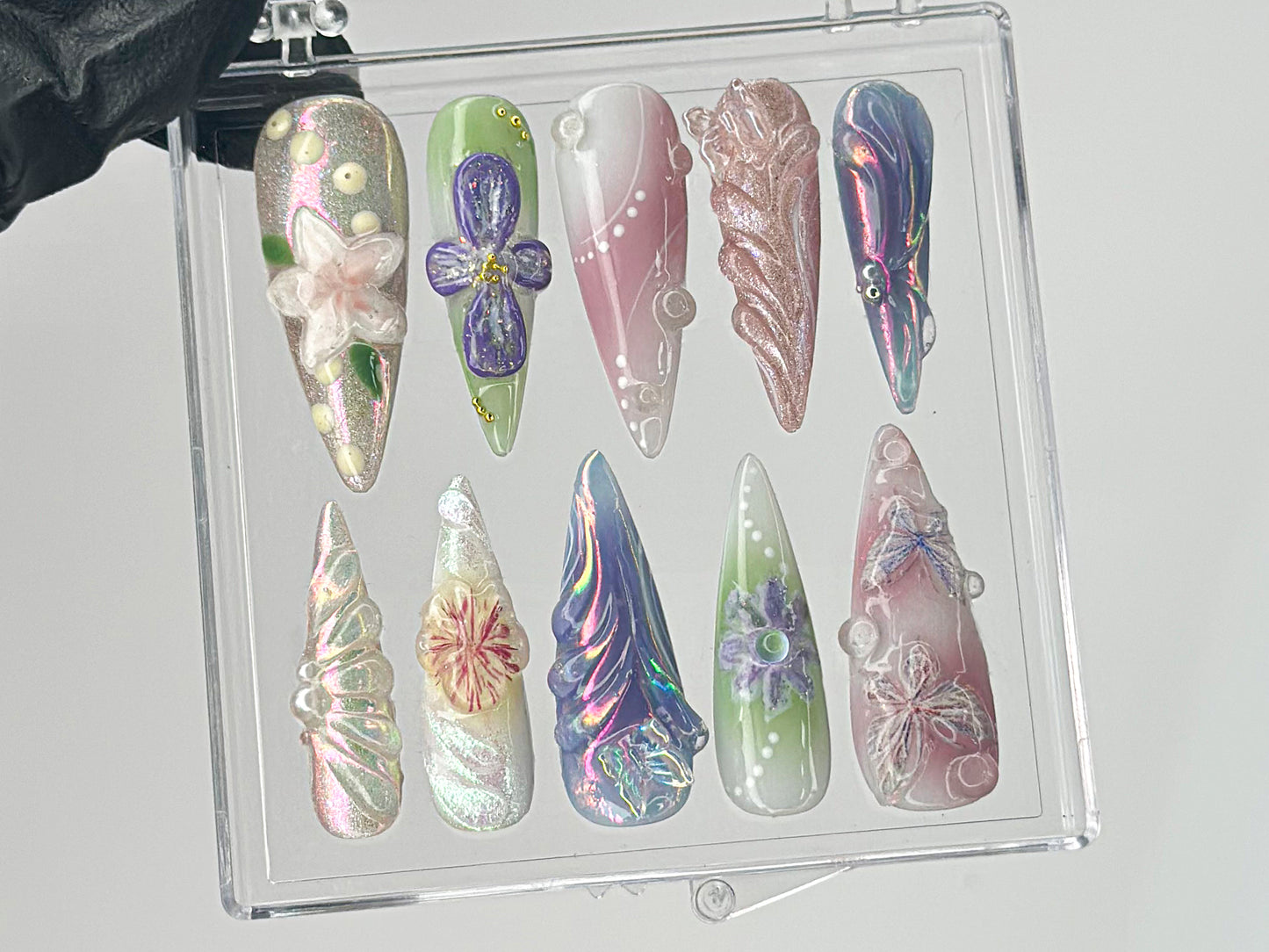 Artistic Florals Press On Nails | Long Stiletto Nail Art with 3D Flowers | Custom 3D Butterfly Nail Art | Nail Charms | Press Ons | HD455TH