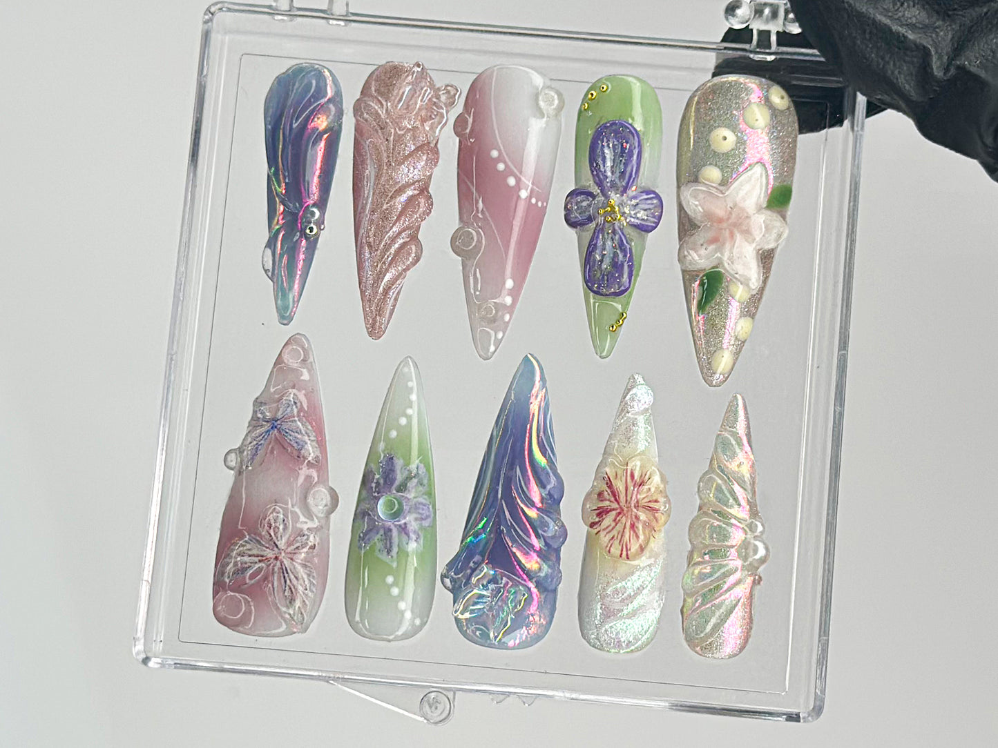 Artistic Florals Press On Nails | Long Stiletto Nail Art with 3D Flowers | Custom 3D Butterfly Nail Art | Nail Charms | Press Ons | HD455TH