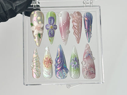 Artistic Florals Press On Nails | Long Stiletto Nail Art with 3D Flowers | Custom 3D Butterfly Nail Art | Nail Charms | Press Ons | HD455TH