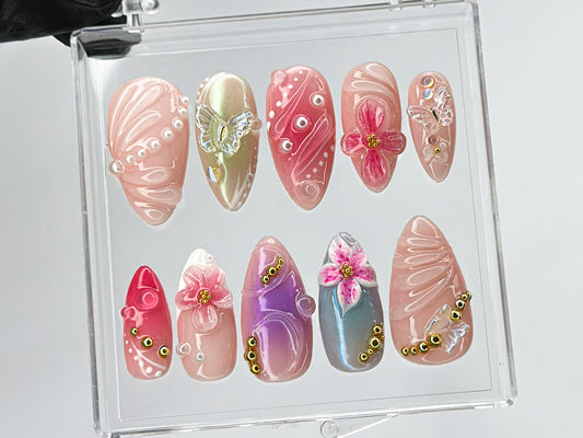 Secret Garden Long Almond Press On Nails | Stunning 3D Floral On Fake Nails | | Nail Charms | press on nails almond | Summer nails | HD507T