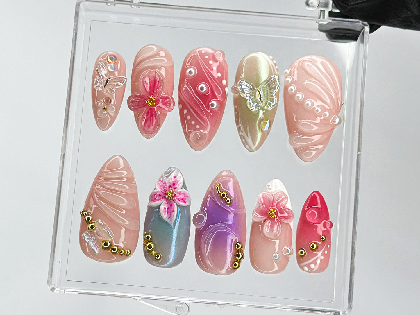 Secret Garden Long Almond Press On Nails | Stunning 3D Floral On Fake Nails | | Nail Charms | press on nails almond | Summer nails | HD507T