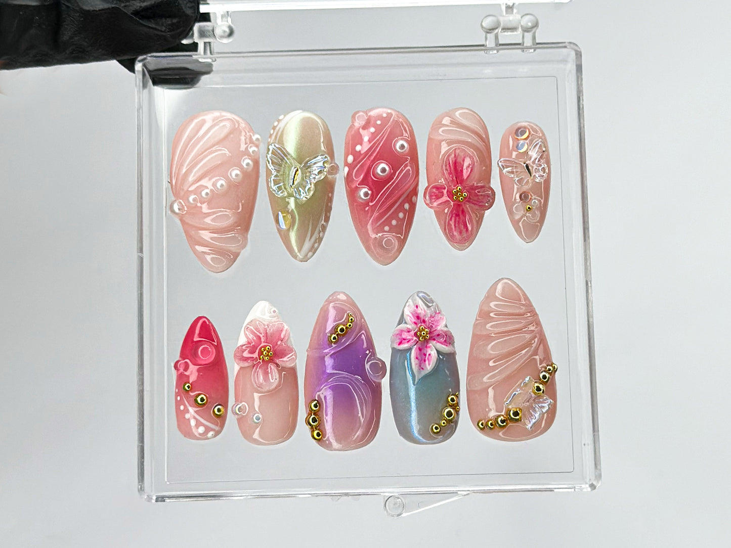 Secret Garden Long Almond Press On Nails | Stunning 3D Floral On Fake Nails | | Nail Charms | press on nails almond | Summer nails | HD507T