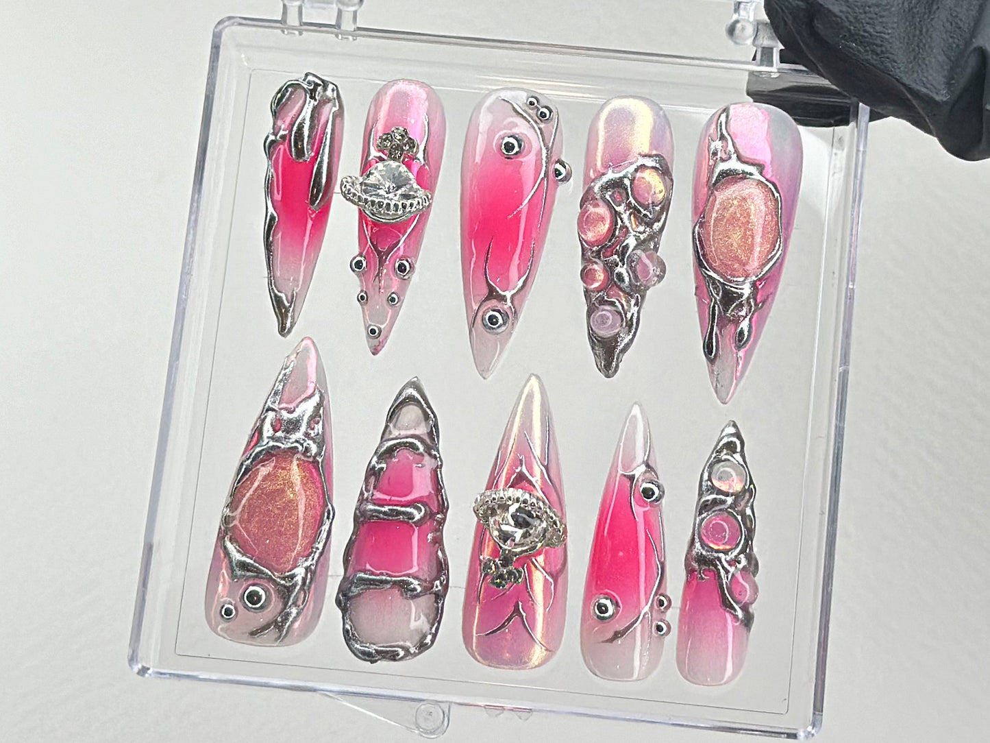 Y2k Pink Press On Nails | Custom Design Nail Art, Fake Nails for Birthday | Ombre Pink Nail Art | Nail Charms | Pink press ons | HD534TL