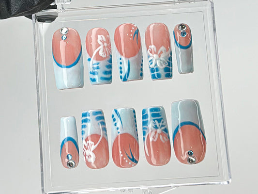 Summer Vibes Press On Nails | Blue French TipsNail Art | 3D Floral On Fake Nails | Custom Design Nail Art, Fake Nails | Press Ons | HD542T