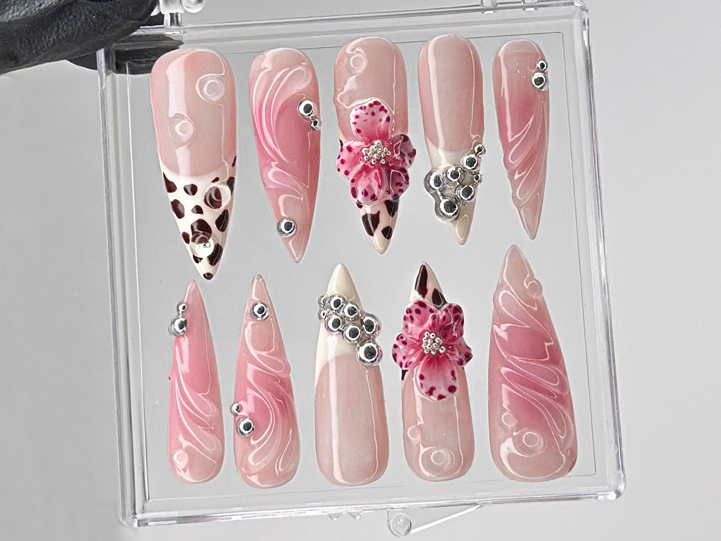 Leopard French tips Press On Nails | 3D Flowers with Rhinestones Acrylic Nails | Stunning Floral Nails Press On | Pink Press Ons | HD544TL