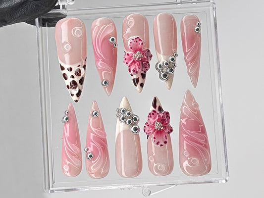 Leopard French tips Press On Nails | 3D Flowers with Rhinestones Acrylic Nails | Stunning Floral Nails Press On | Pink Press Ons | HD544TL