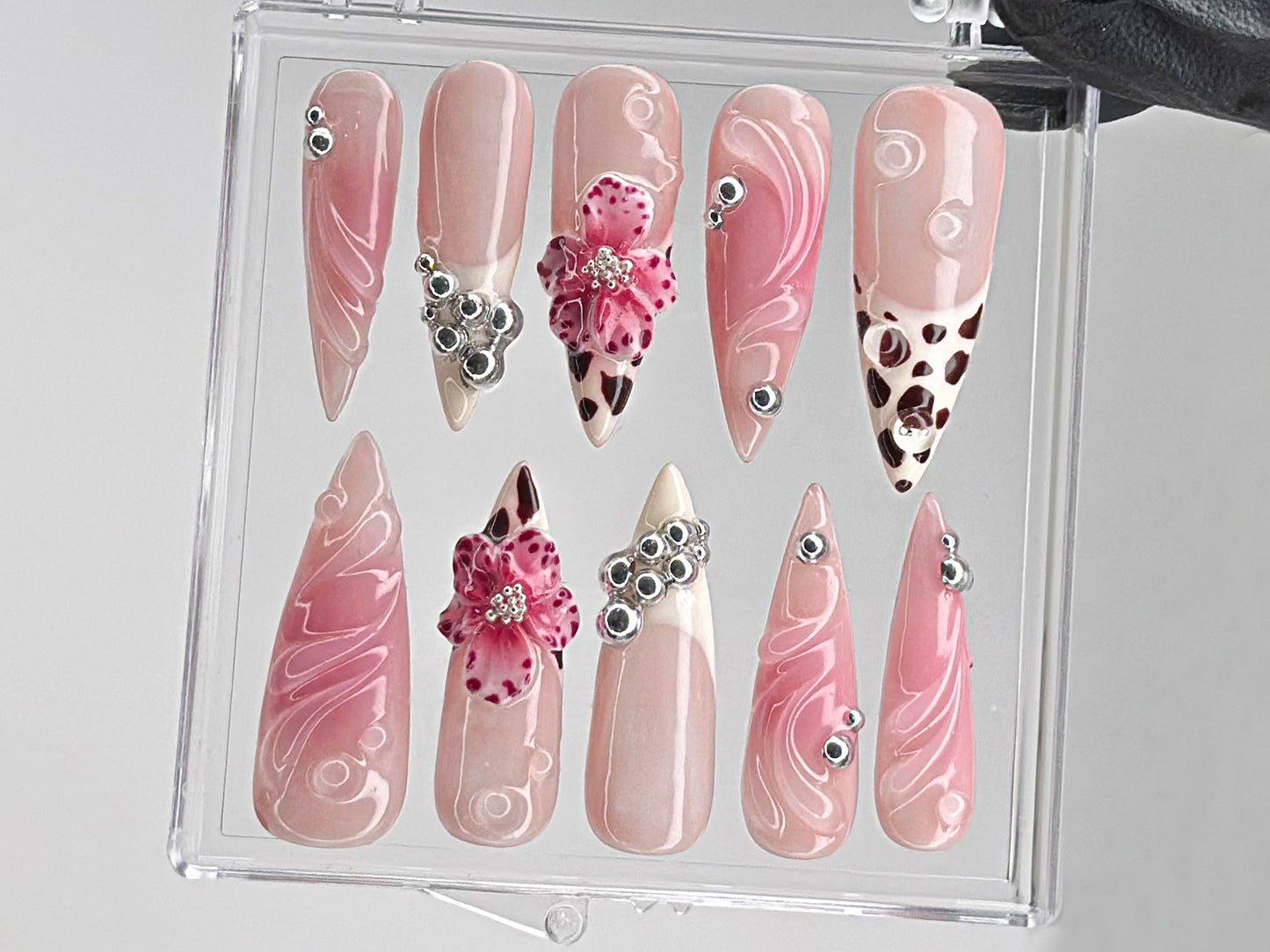 Leopard French tips Press On Nails | 3D Flowers with Rhinestones Acrylic Nails | Stunning Floral Nails Press On | Pink Press Ons | HD544TL