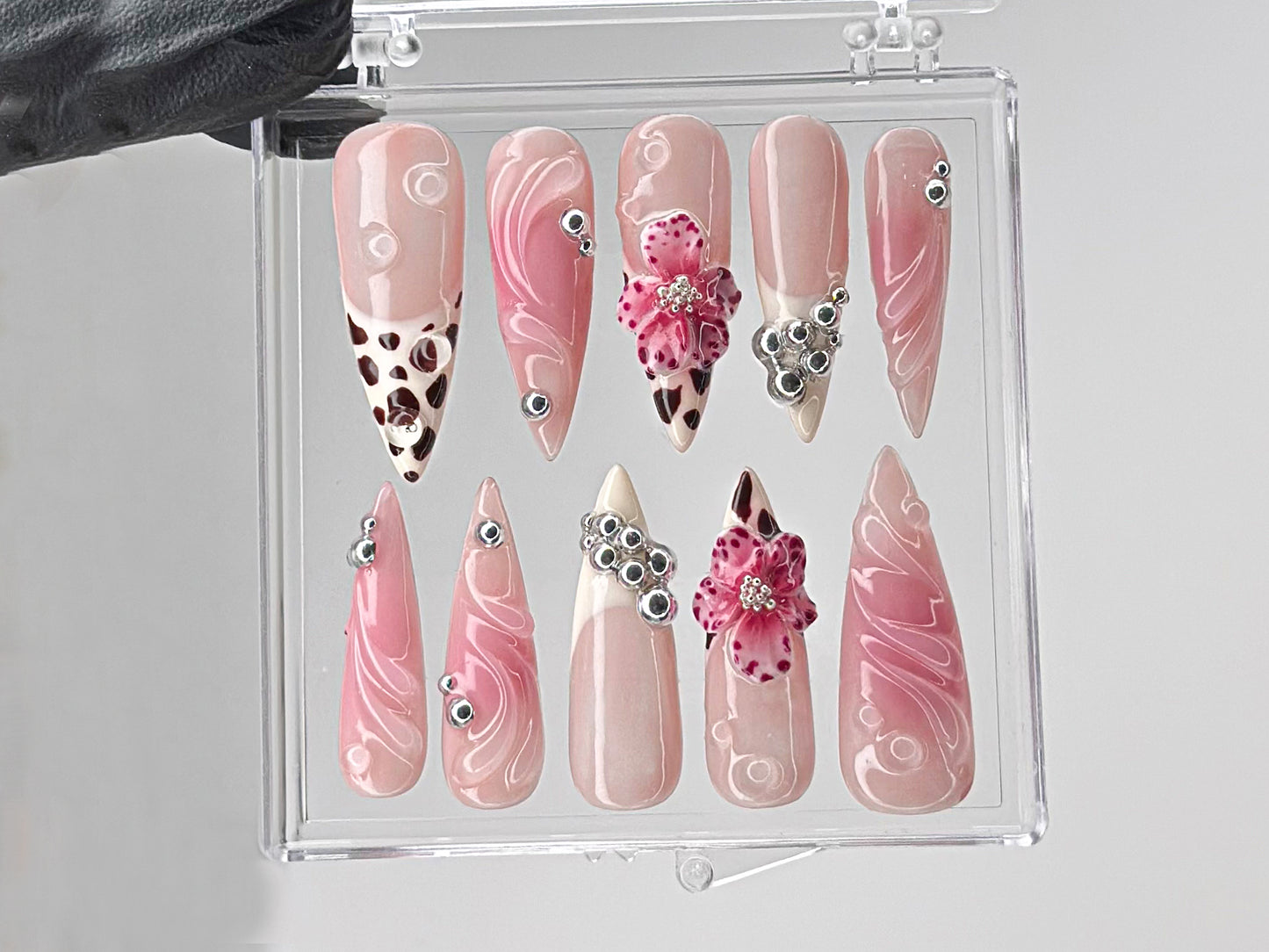 Leopard French tips Press On Nails | 3D Flowers with Rhinestones Acrylic Nails | Stunning Floral Nails Press On | Pink Press Ons | HD544TL