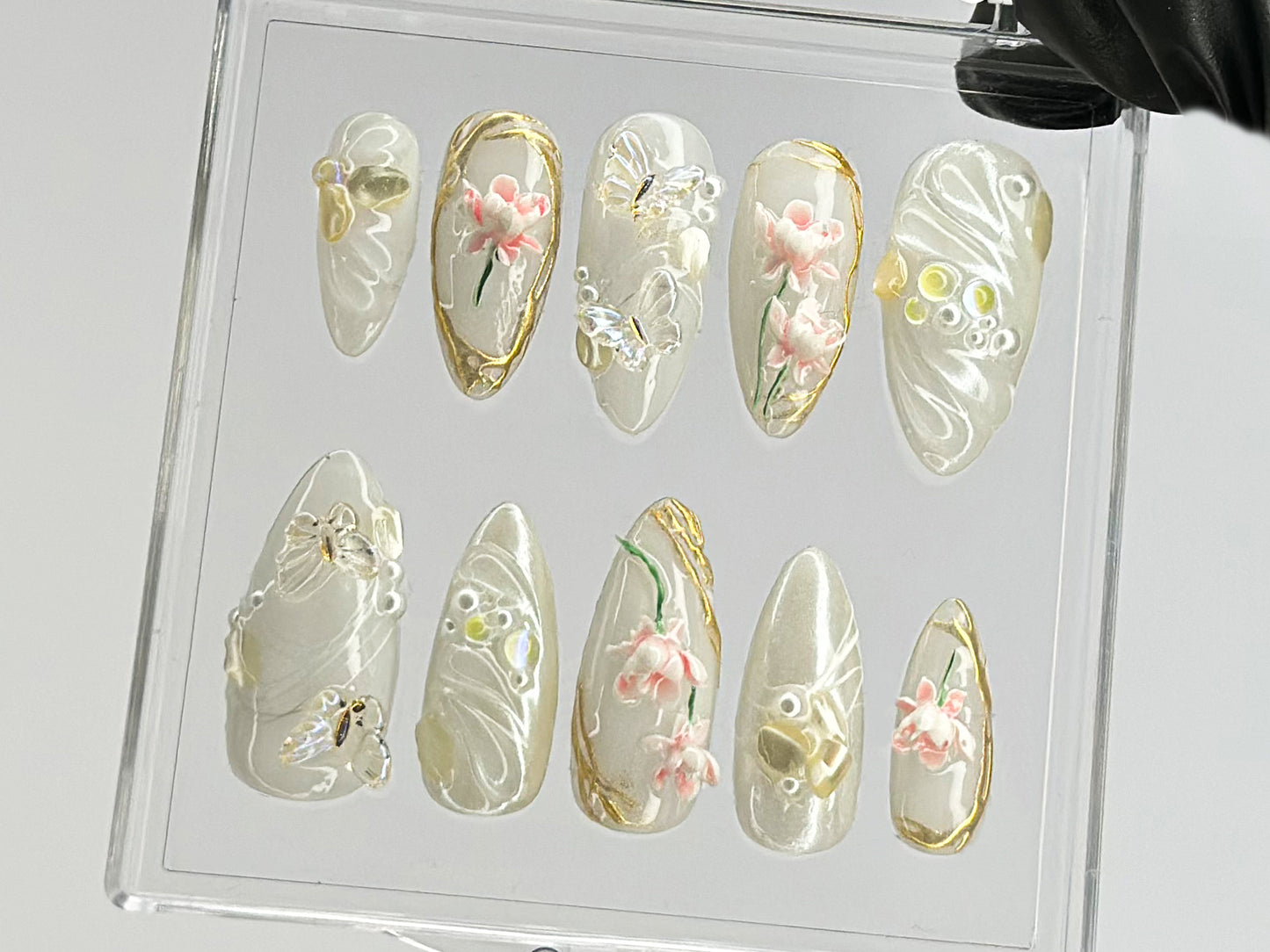 Elegant Lotus Flower Press On Nails | Chic White & Gold On Fake Nails | 3D Floral Acrylic Nails | Butterfly charm nails press on | HD559TL